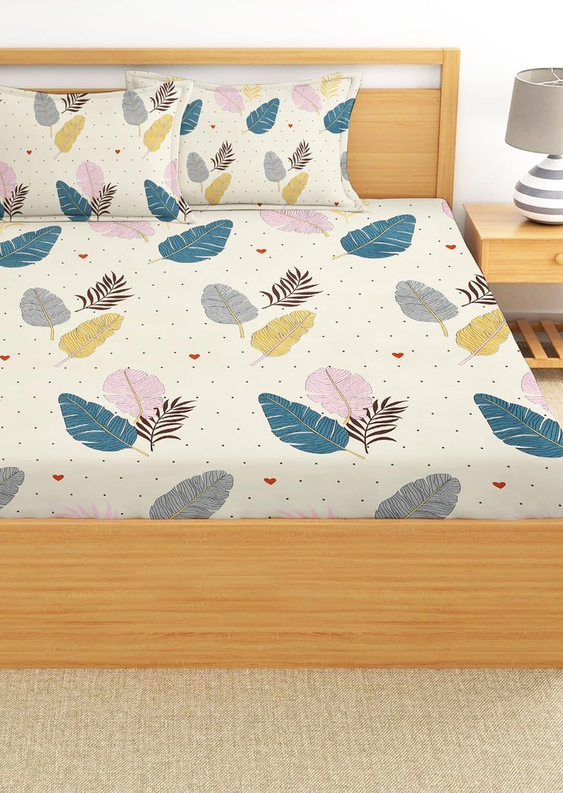 STARNSTYLE Premium 160 TC Egyptian Cotton Blend Floral Printed Double Bedsheet Set with 2 Pillow Covers - 228 x 228 cm Cream and White - Image 3